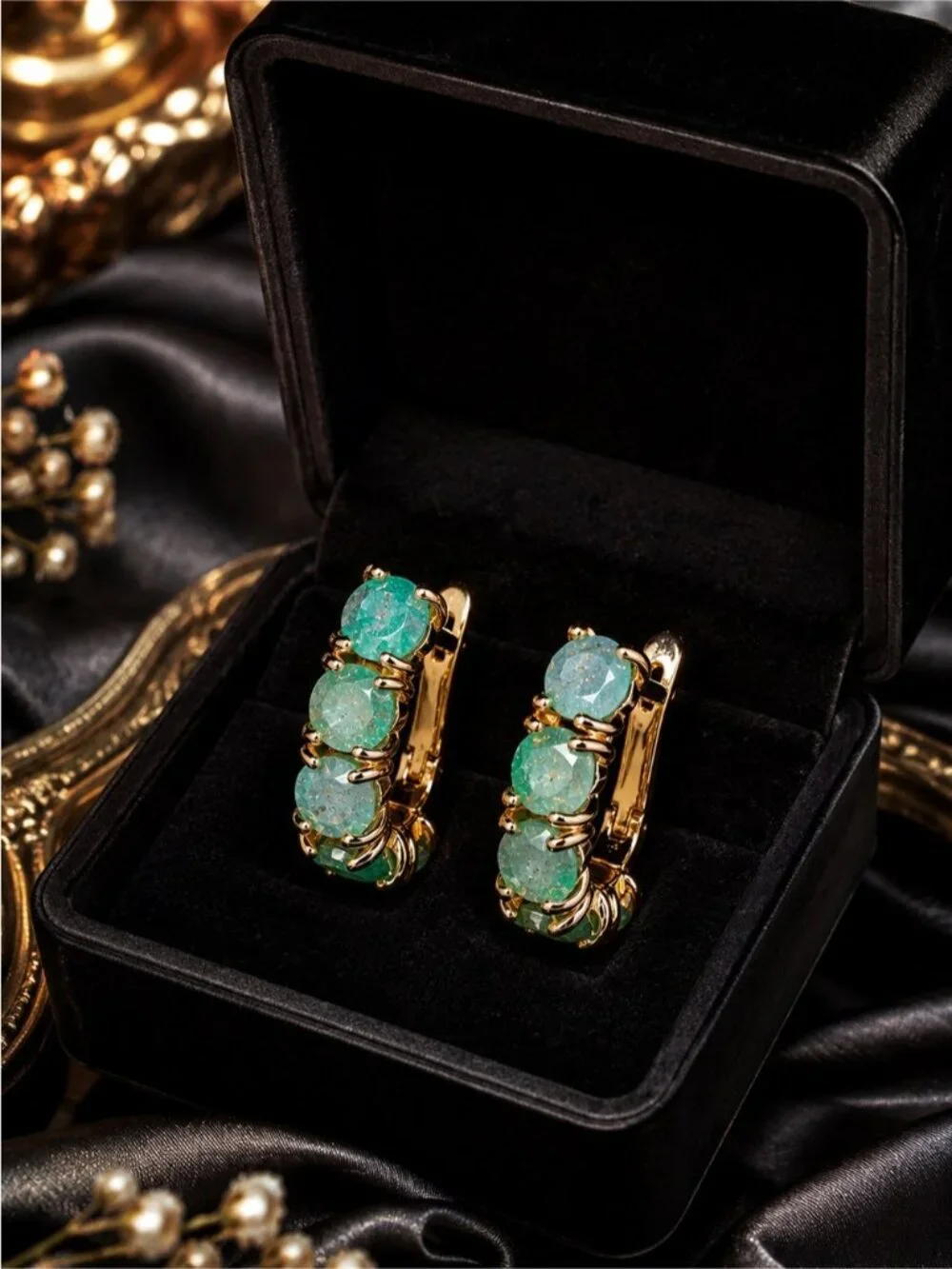 Gold tone Hoops with Emerald Green/ blue Gem Clusters